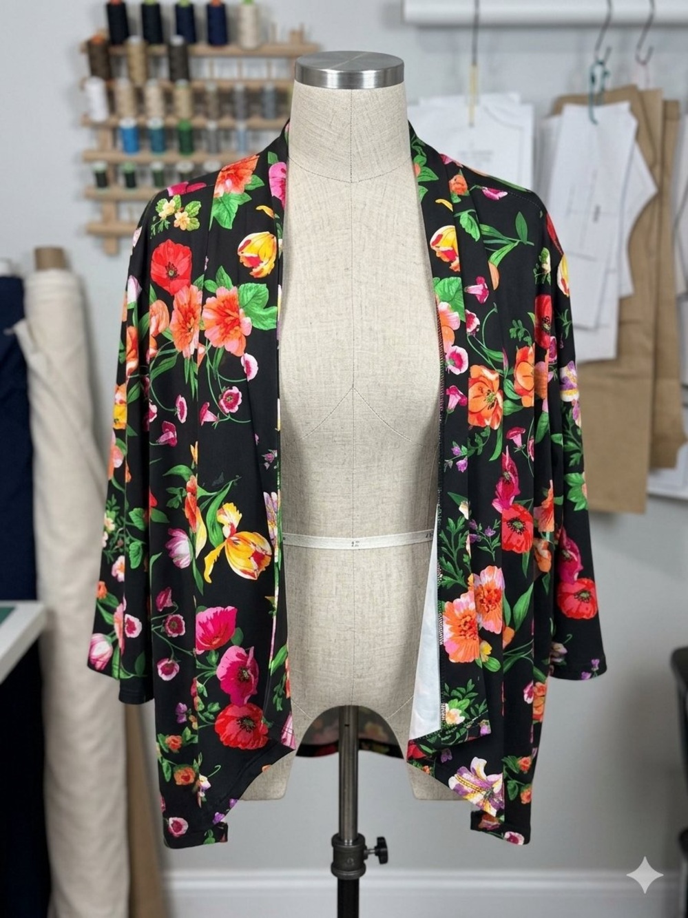 Slinky Brand Black Floral Open-Front Women's Cardigan Sweater